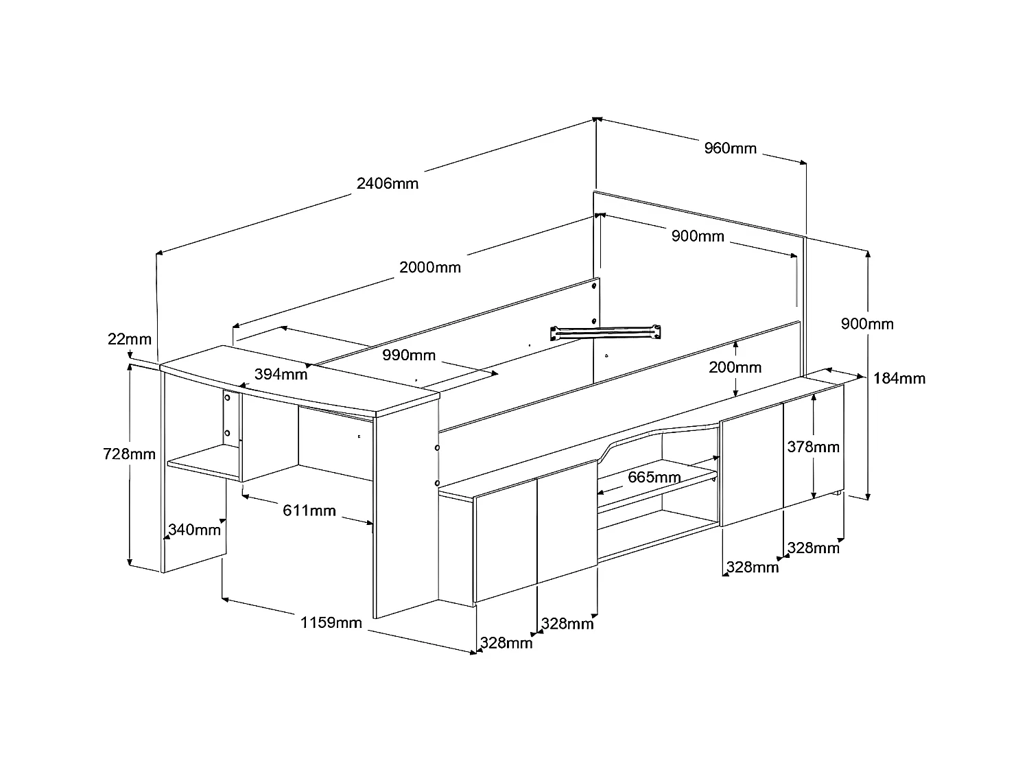 Lit combiné 90 x 190/200 cm avec bureau et rangements - Blanc et naturel + Sommier - JOCHIANE