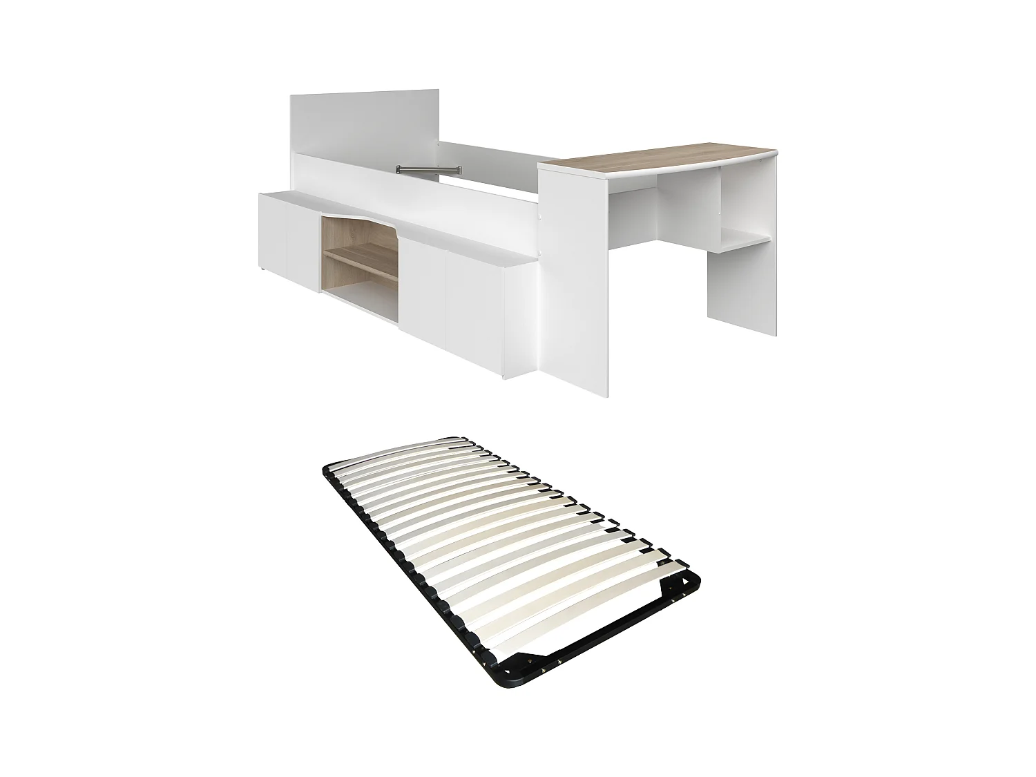 Lit combiné 90 x 190/200 cm avec bureau et rangements - Blanc et naturel + Sommier - JOCHIANE