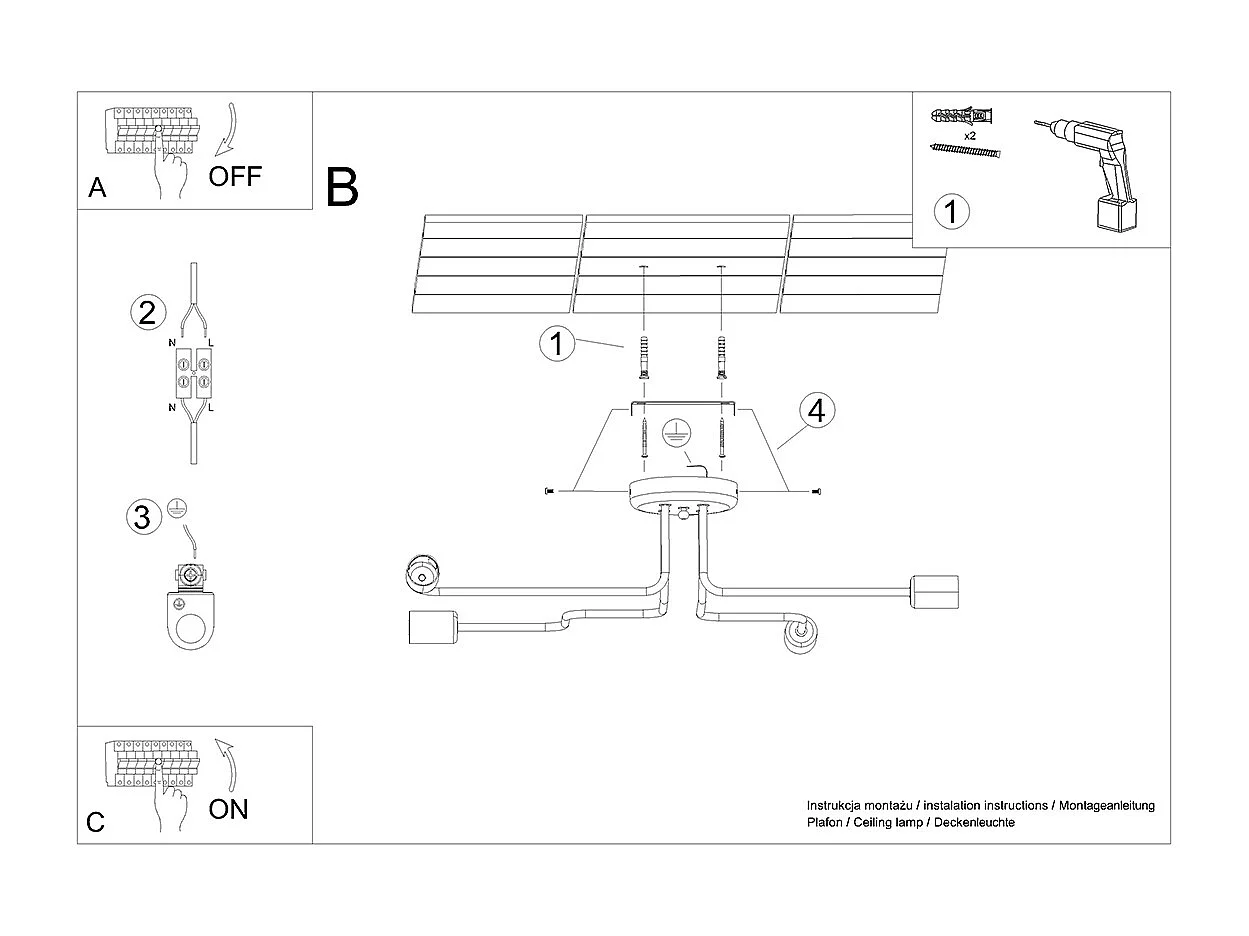 Plafonniers Vector Industriel En Acier - 4 Sources Lumineuses - L.78 X H.15,5 Cm - Noir