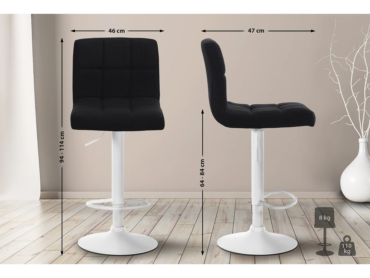 Tabouret de bar - Tissu & Métal - Noir - Calma