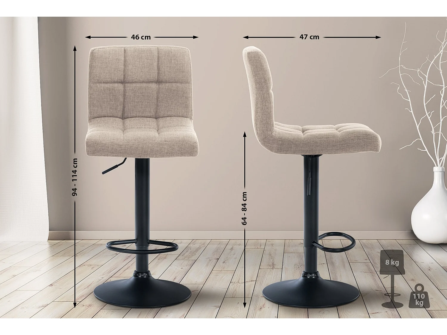 Tabouret de bar - Tissu & Métal - Crème - Calma