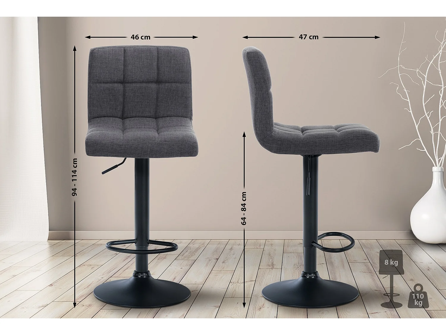 Tabouret de bar - Tissu & Métal - Gris clair - Calma