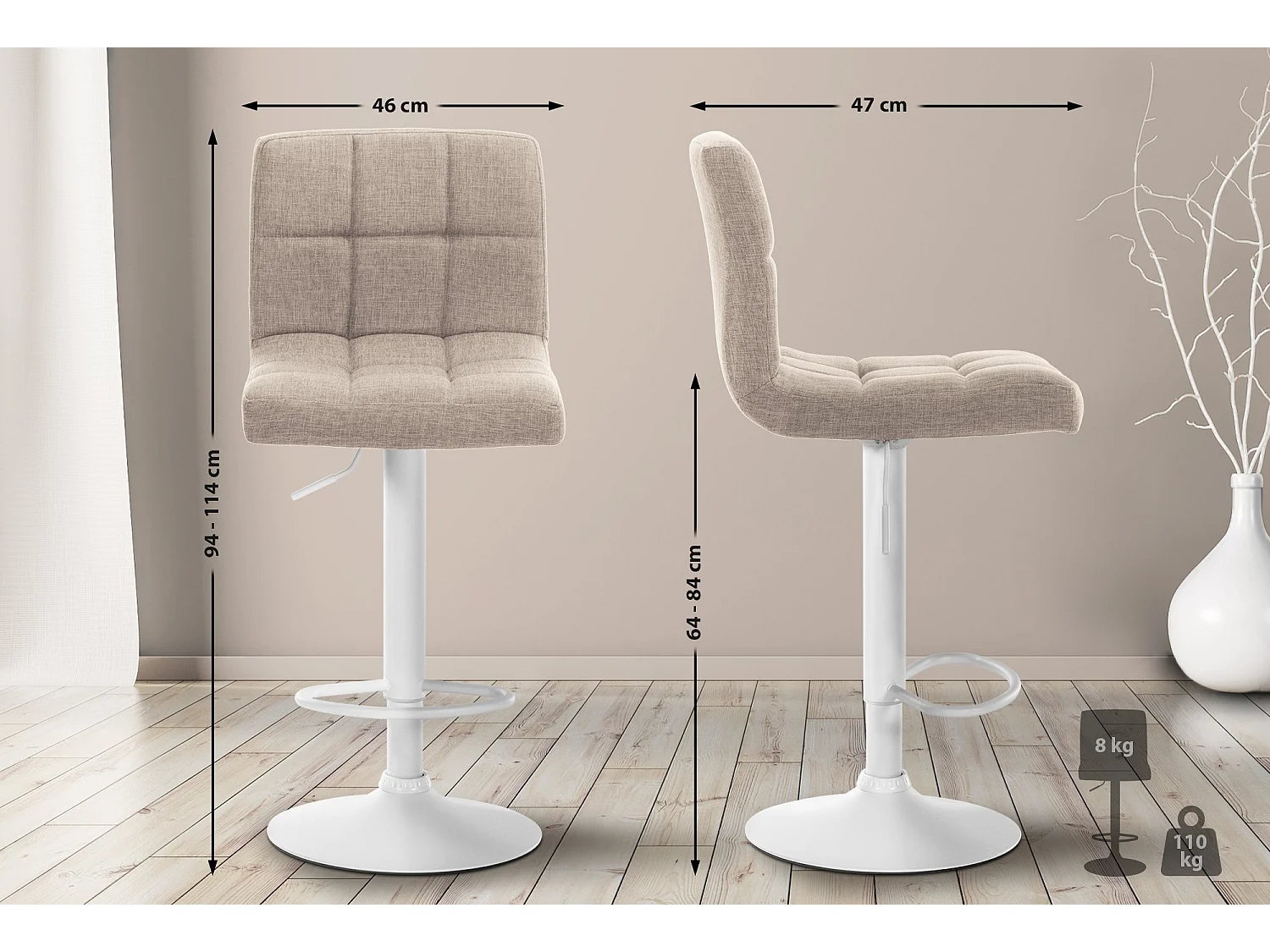 Tabouret de bar - Tissu & Métal - Crème - Calma