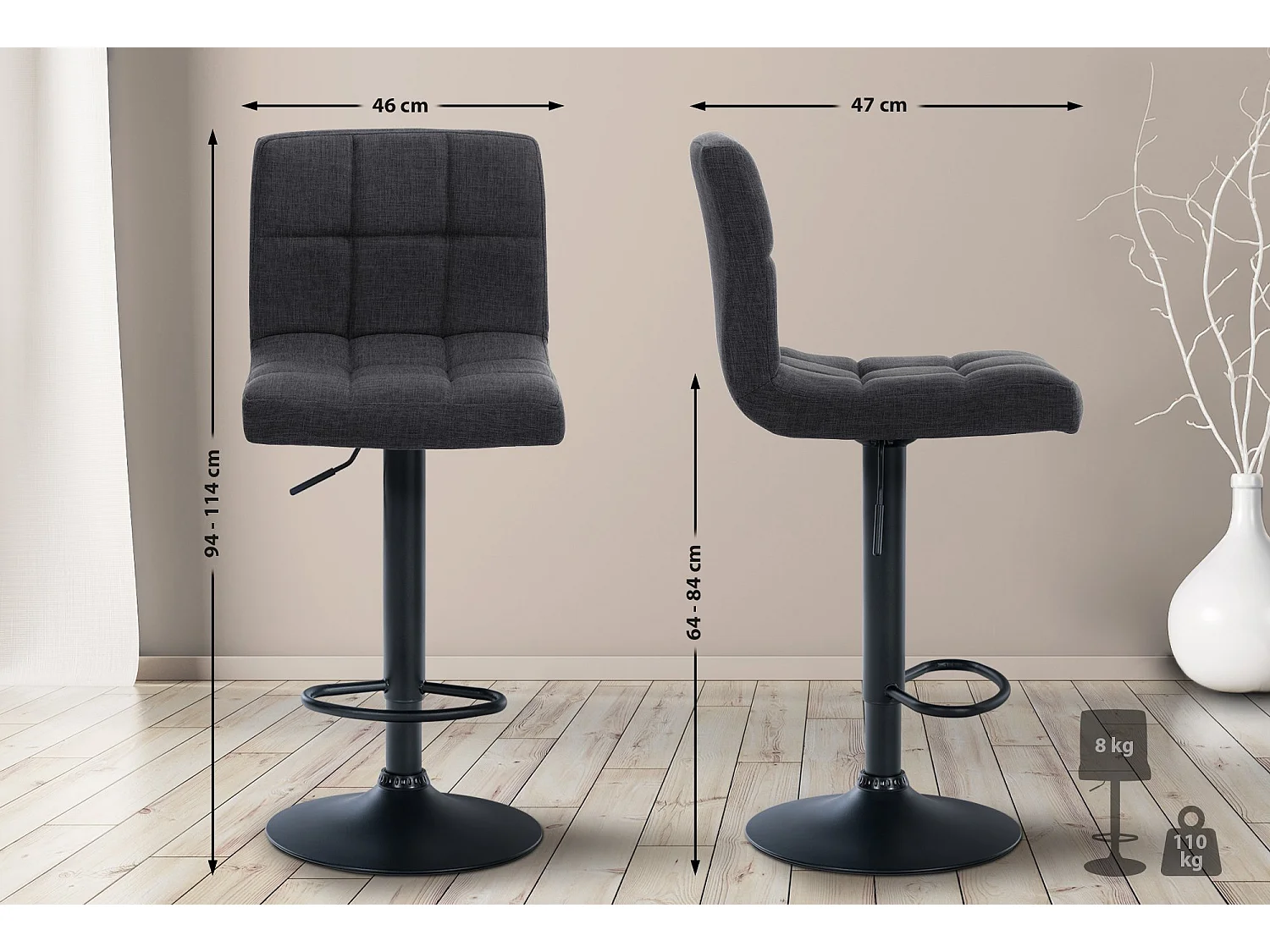 Tabouret de bar - Tissu & Métal - Gris foncé - Calma