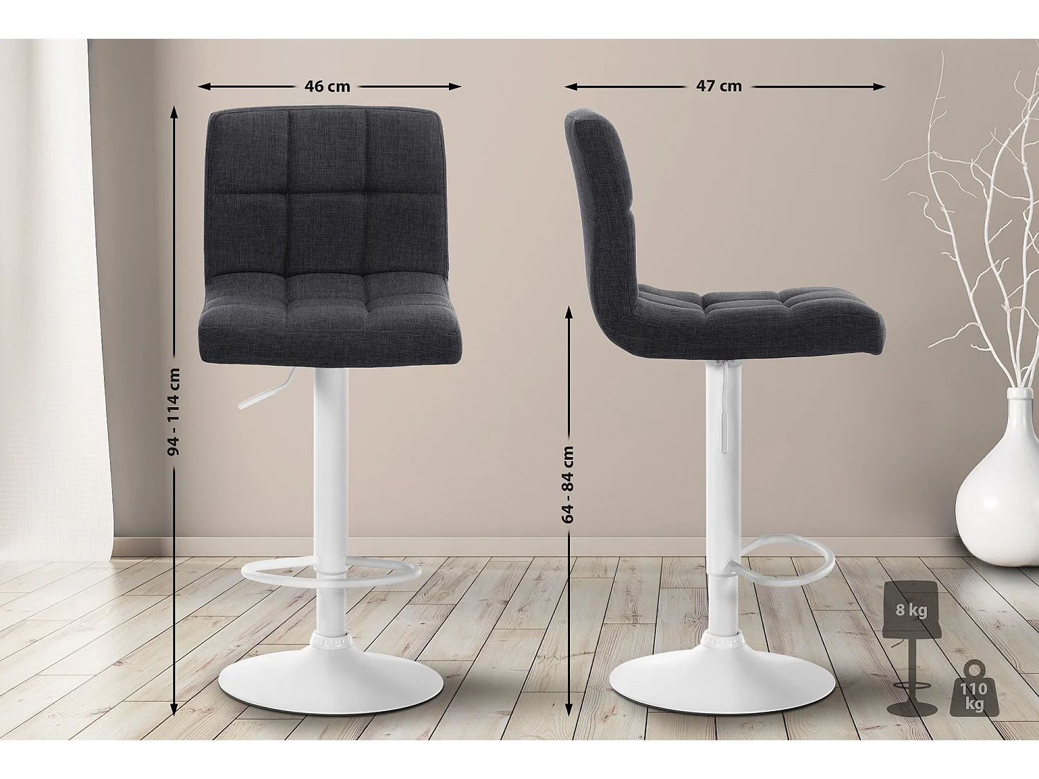 Lot de 2  Tabouret de bar - Tissu & Métal blanc mat - Gris foncé - Calma