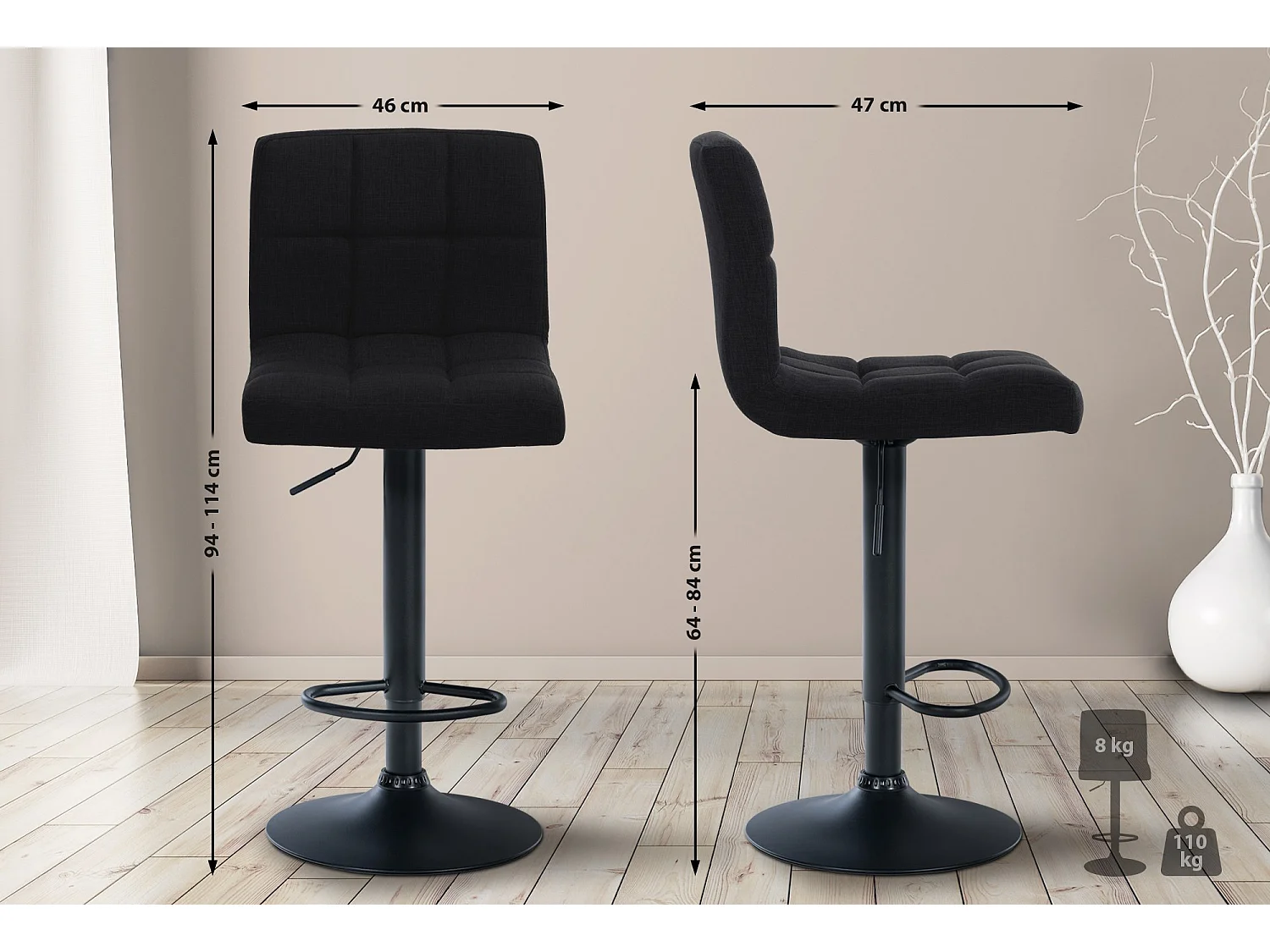 Lot de 2  Tabouret de bar - Tissu & Métal noir mat - Noir - Calma