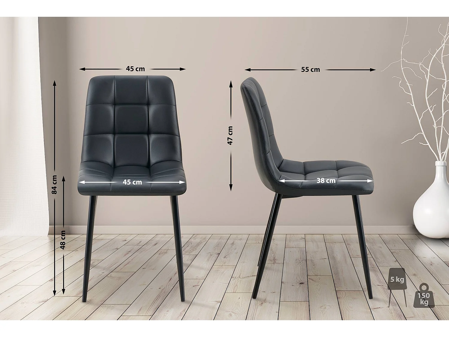 Lot de 4  chaise salle à manger - Similicuir - Noir - Antibes