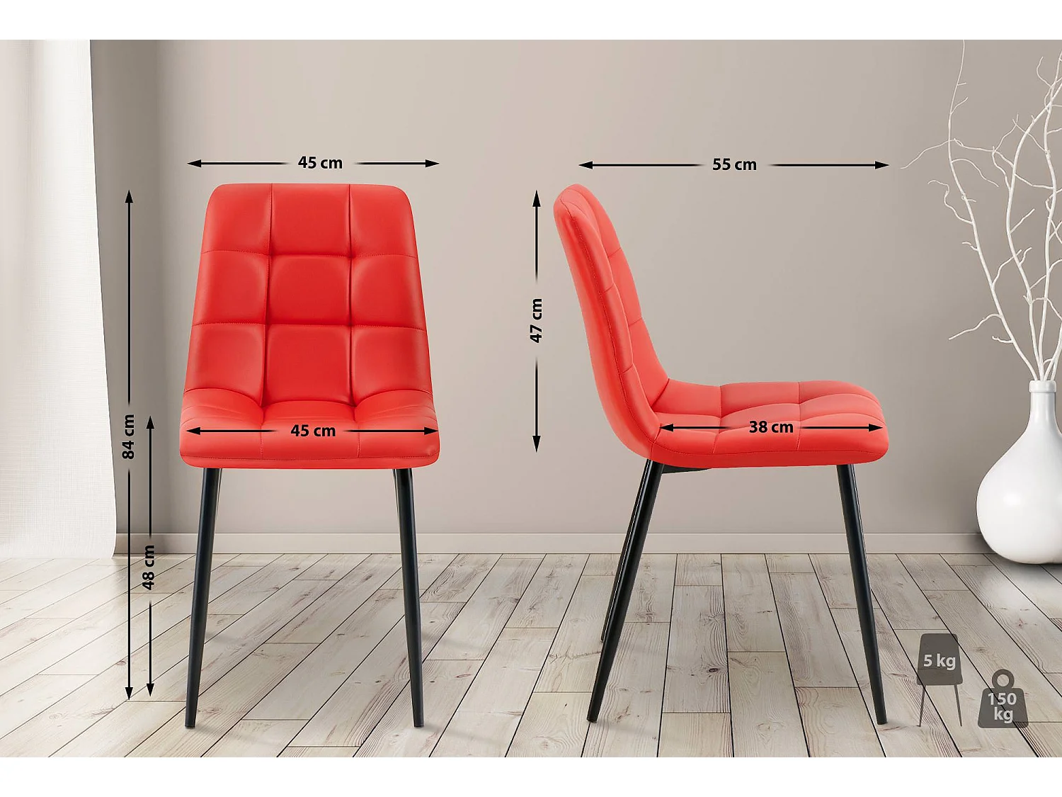 Lot de 4  chaise salle à manger - Similicuir - Rouge - Antibes