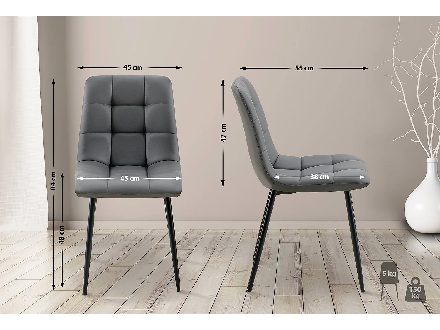 Lot de 4  chaise salle à manger - Similicuir - Gris foncé - Antibes