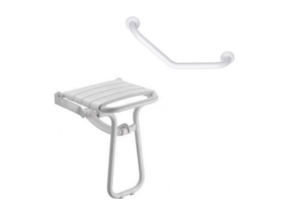 Siège de douche PMR escamotable et barre de maintien coudée PMR PELLET Essentiel confort 135 degré