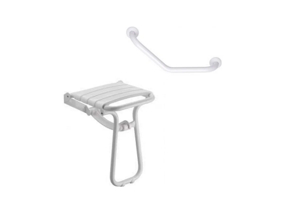 Siège de douche PMR escamotable et barre de maintien coudée PMR PELLET Essentiel confort 135 degré