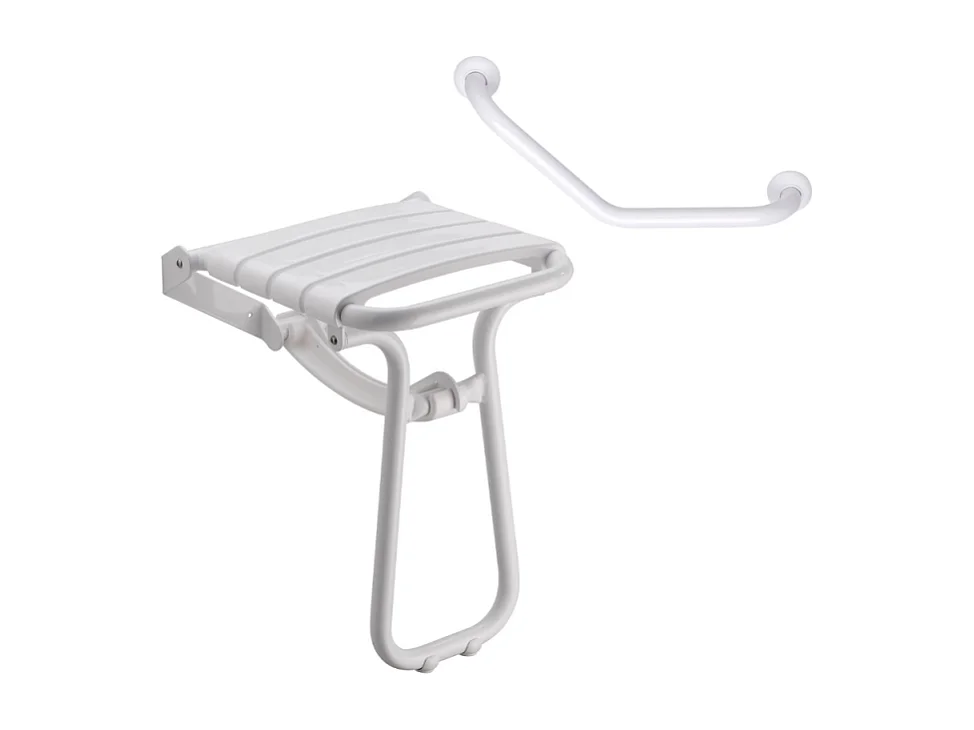 Siège de douche PMR escamotable et barre de maintien coudée PMR PELLET Essentiel confort 135 degré