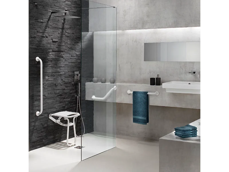Siège de douche PMR escamotable et barre de maintien coudée PMR PELLET Essentiel confort 135 degré
