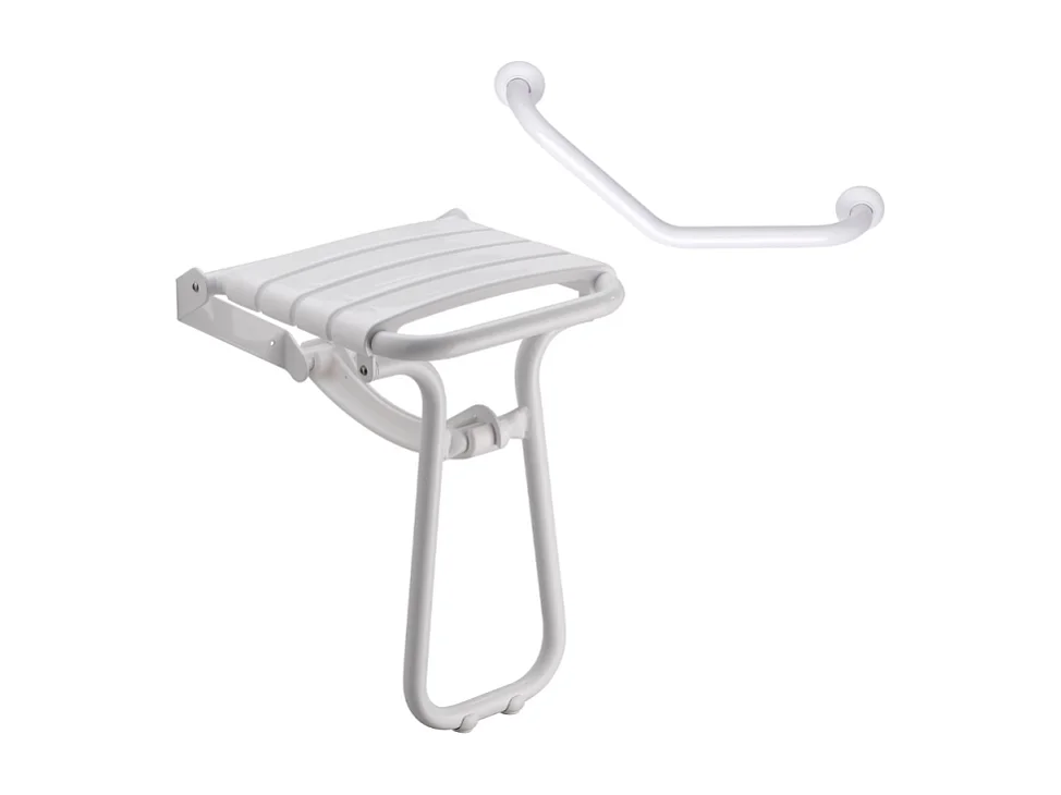 Siège de douche PMR escamotable et barre de maintien coudée PMR PELLET Essentiel confort 135 degré