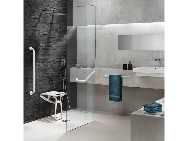 Siège de douche PMR escamotable et barre de maintien coudée PMR PELLET Essentiel confort 135 degré