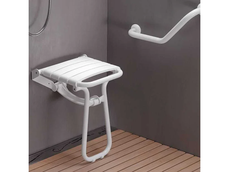 Siège de douche PMR escamotable et barre de maintien coudée PMR PELLET Essentiel confort 135 degré