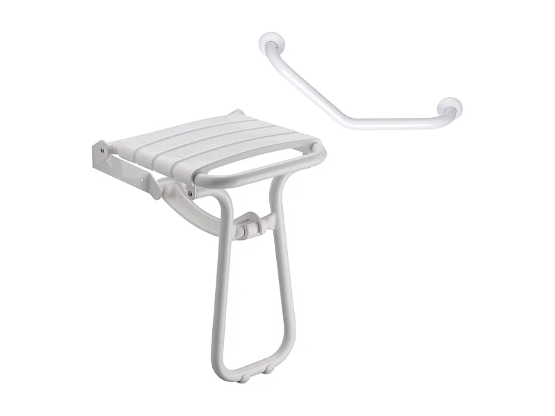 Siège de douche PMR escamotable et barre de maintien coudée PMR PELLET Essentiel confort 135 degré