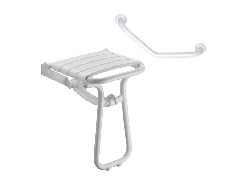 Siège de douche PMR escamotable et barre de maintien coudée PMR PELLET Essentiel confort 135 degré