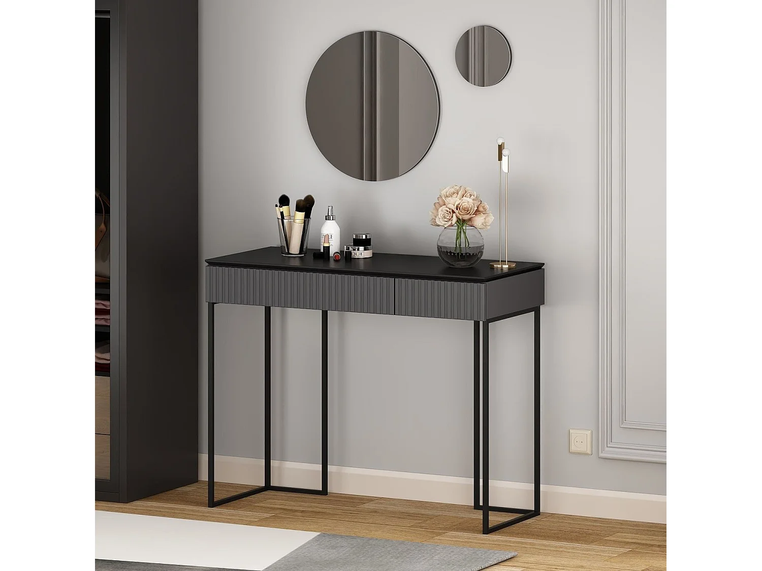 Console moderne 2 tiroirs avec 2 miroirs Tokel L105cm Anthracite