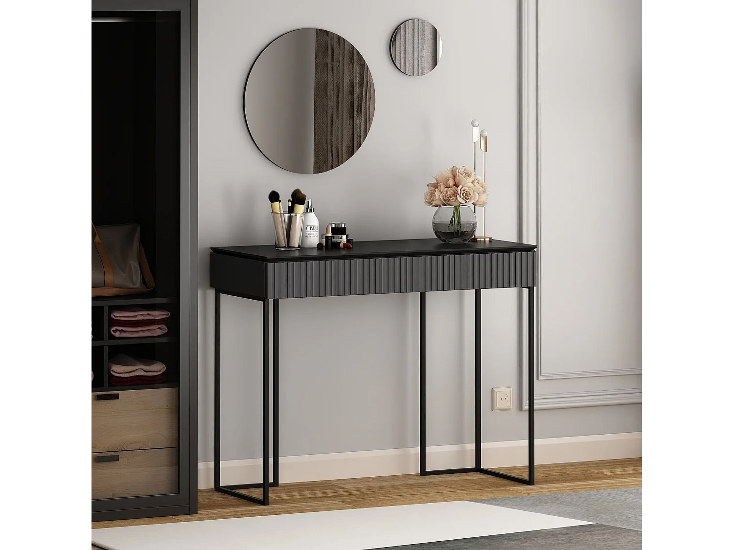 Console moderne 2 tiroirs avec 2 miroirs Tokel L105cm Anthracite