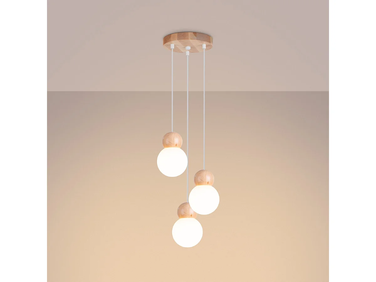 Lampe Suspendues Pekka Scandinave En Verre/Bois - 3 Sources Lumineuses - L.31 X H.124 Cm - Blanc/Bois Naturel