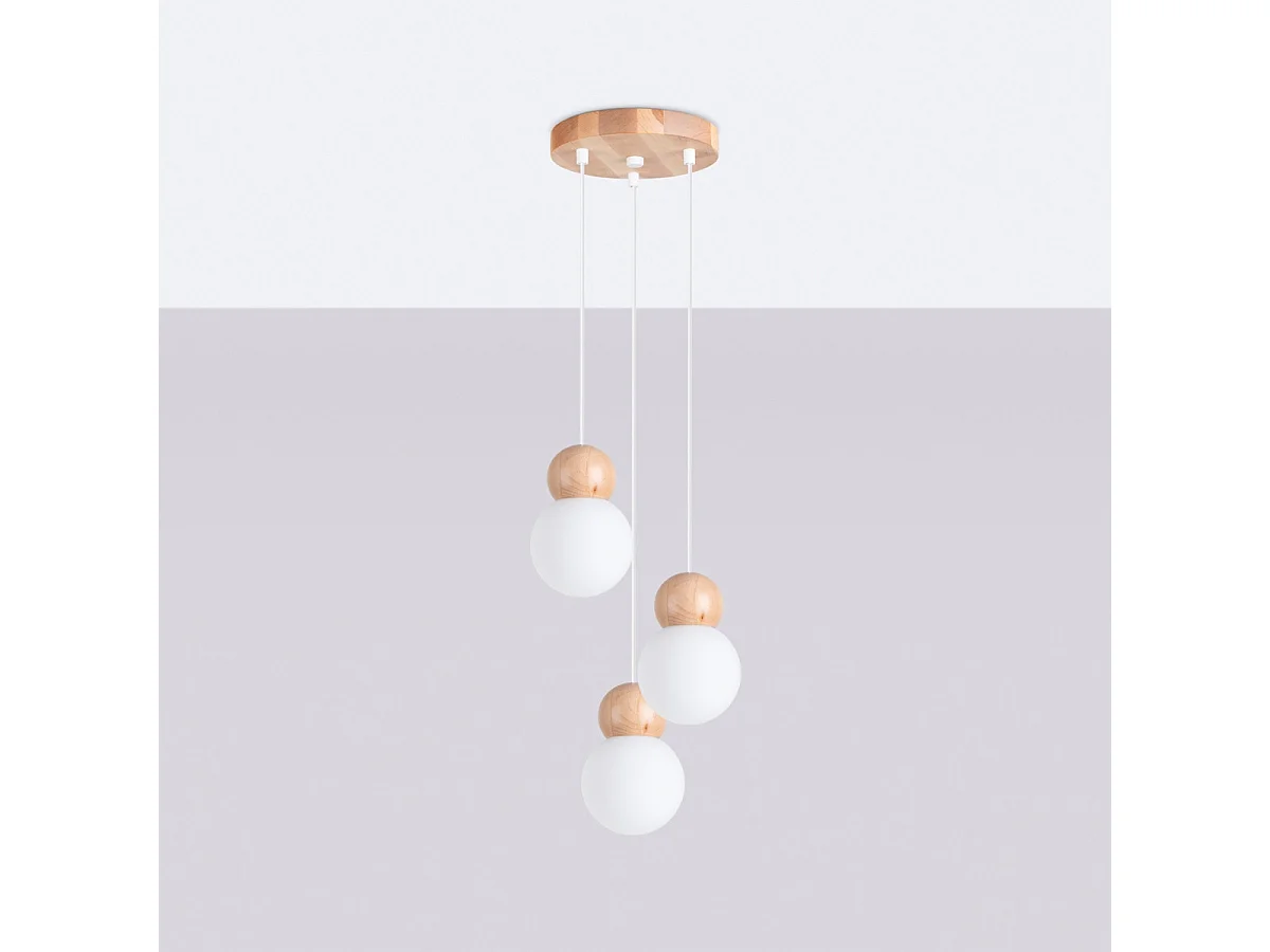 Lampe Suspendues Pekka Scandinave En Verre/Bois - 3 Sources Lumineuses - L.31 X H.124 Cm - Blanc/Bois Naturel