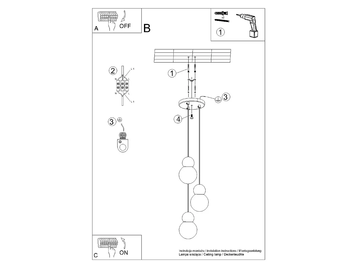 Lampe Suspendues Pekka Scandinave En Verre/Bois - 3 Sources Lumineuses - L.31 X H.124 Cm - Blanc/Bois Naturel