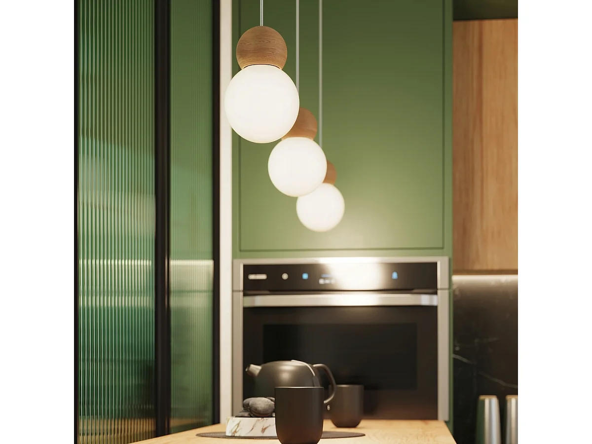 Lampe Suspendues Pekka Scandinave En Verre/Bois - 3 Sources Lumineuses - L.31 X H.124 Cm - Blanc/Bois Naturel