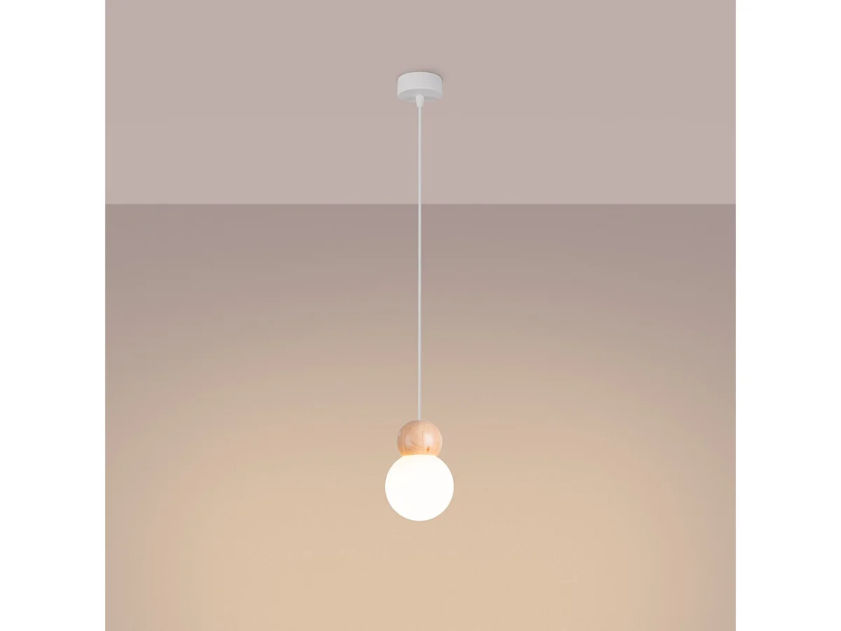 Hanglamp PEKKA Scandinavisch van  - 1 lichtbronnen - L.11 x H.124 cm - wit/natuurlijk hout