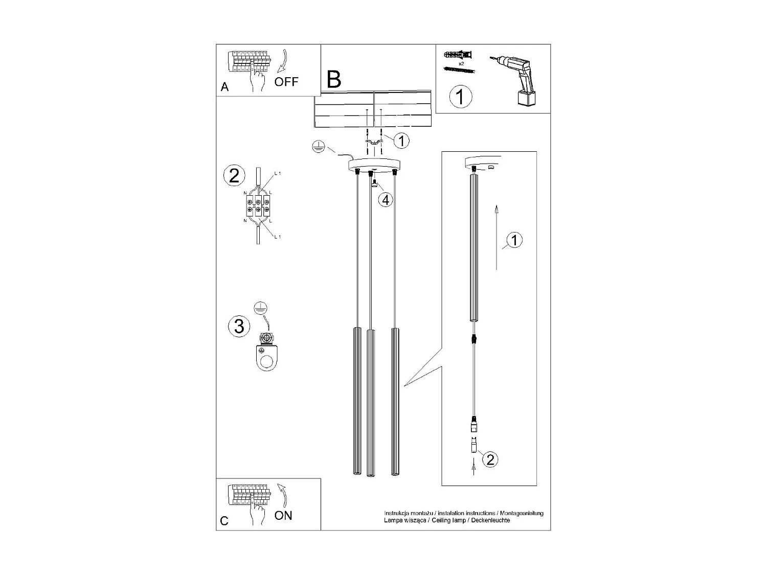 Hanglampen Arche Modern Van  - 3 Lichtbronnen - L.20 X H.120 Cm - Zwart