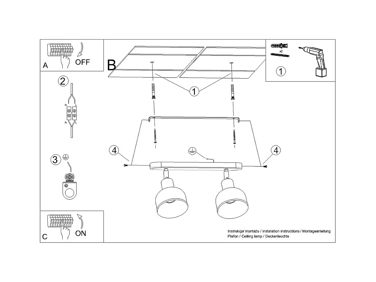 Lampade Da Soffitto Elba Soppalco Di Acciaio - 2 Sorgenti Luminose - L.47 X A.18,5 Cm - Nero
