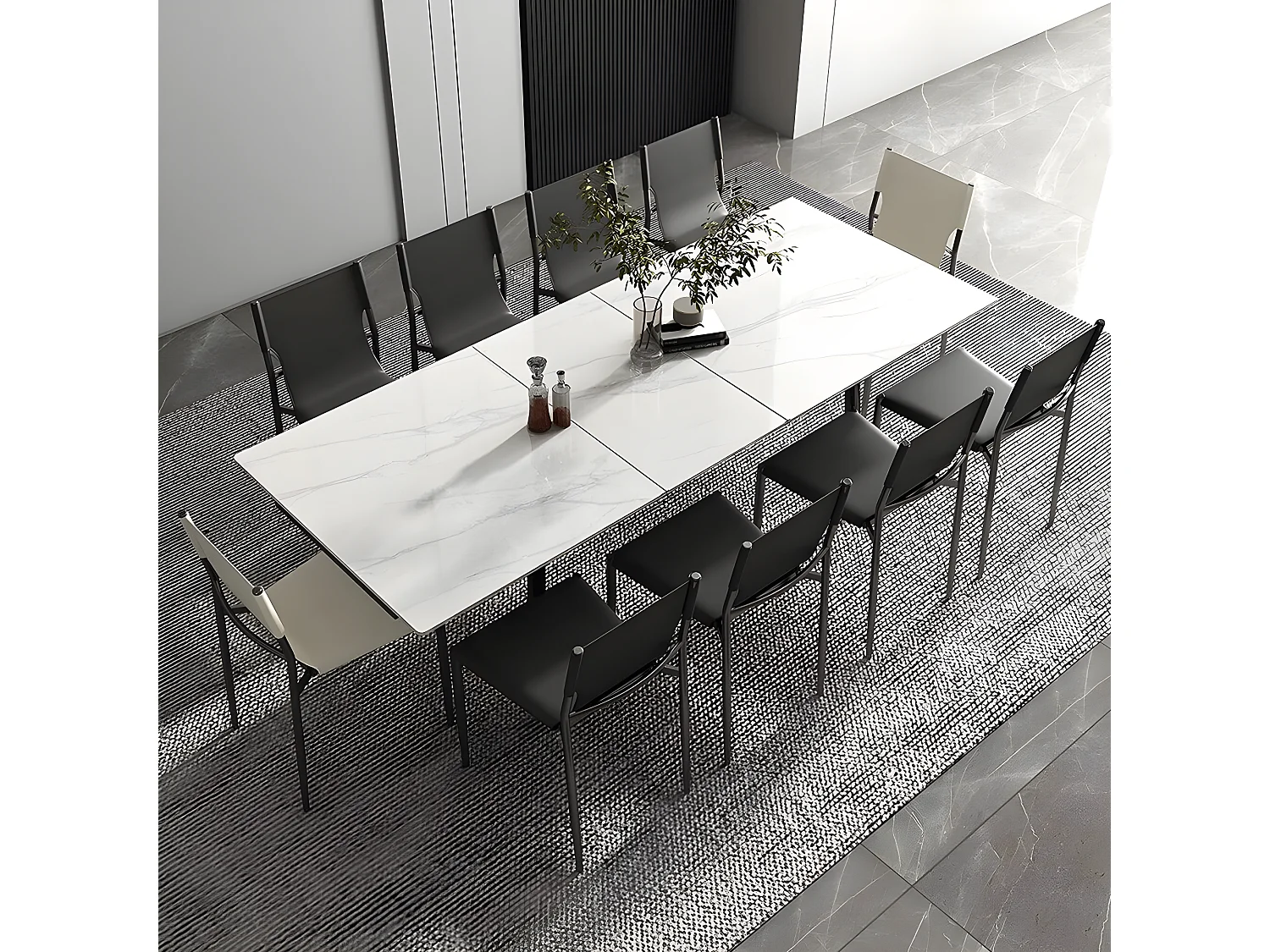 Table à manger extensible 4 à 8 couverts en pierre frittée  - Effet Marbre Blanc - 150-180cm