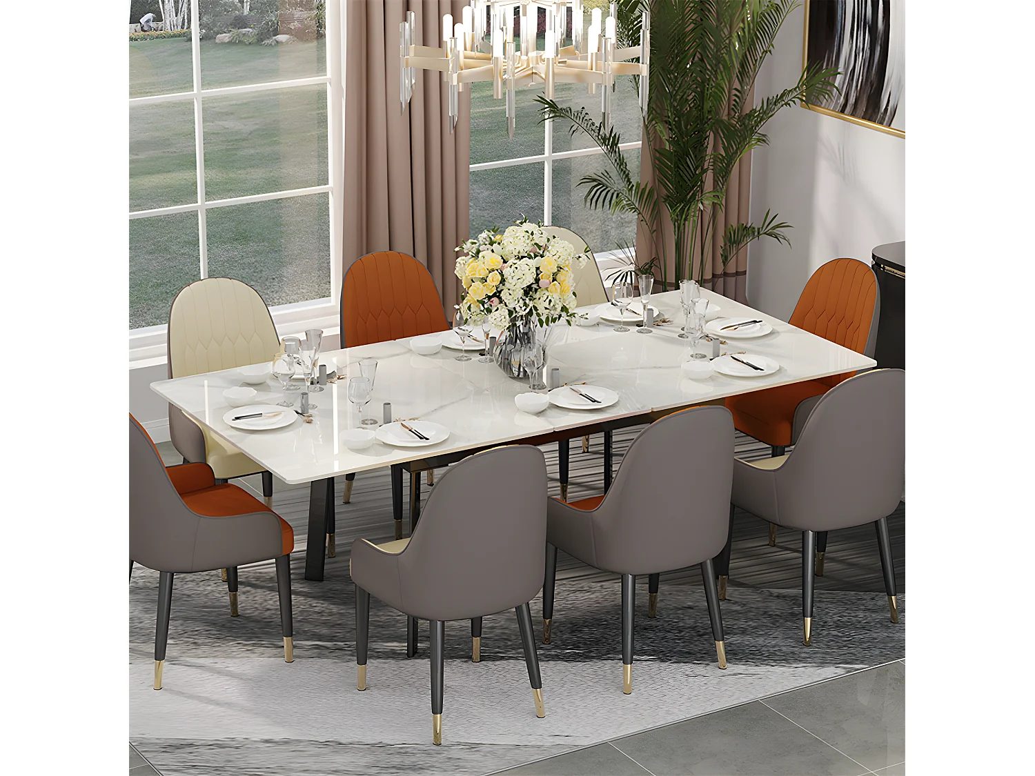 Table à manger extensible 4 à 8 couverts en pierre frittée  - Effet Marbre Blanc - 150-180cm