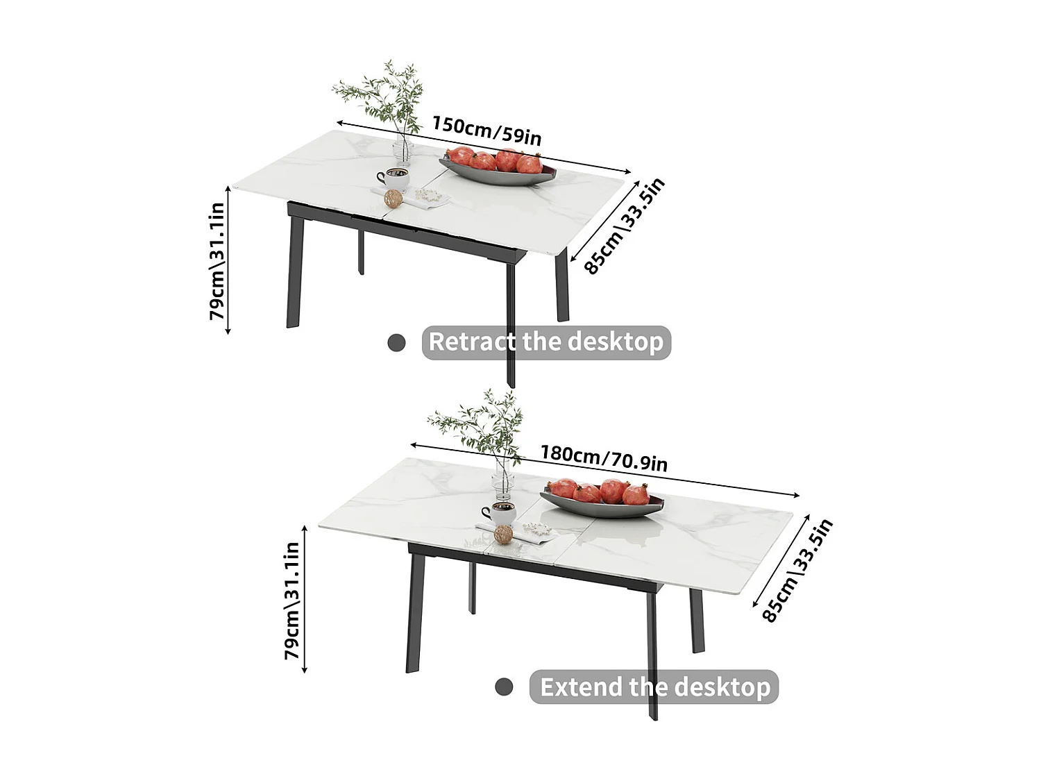 Table à manger extensible 4 à 8 couverts en pierre frittée  - Effet Marbre Blanc - 150-180cm