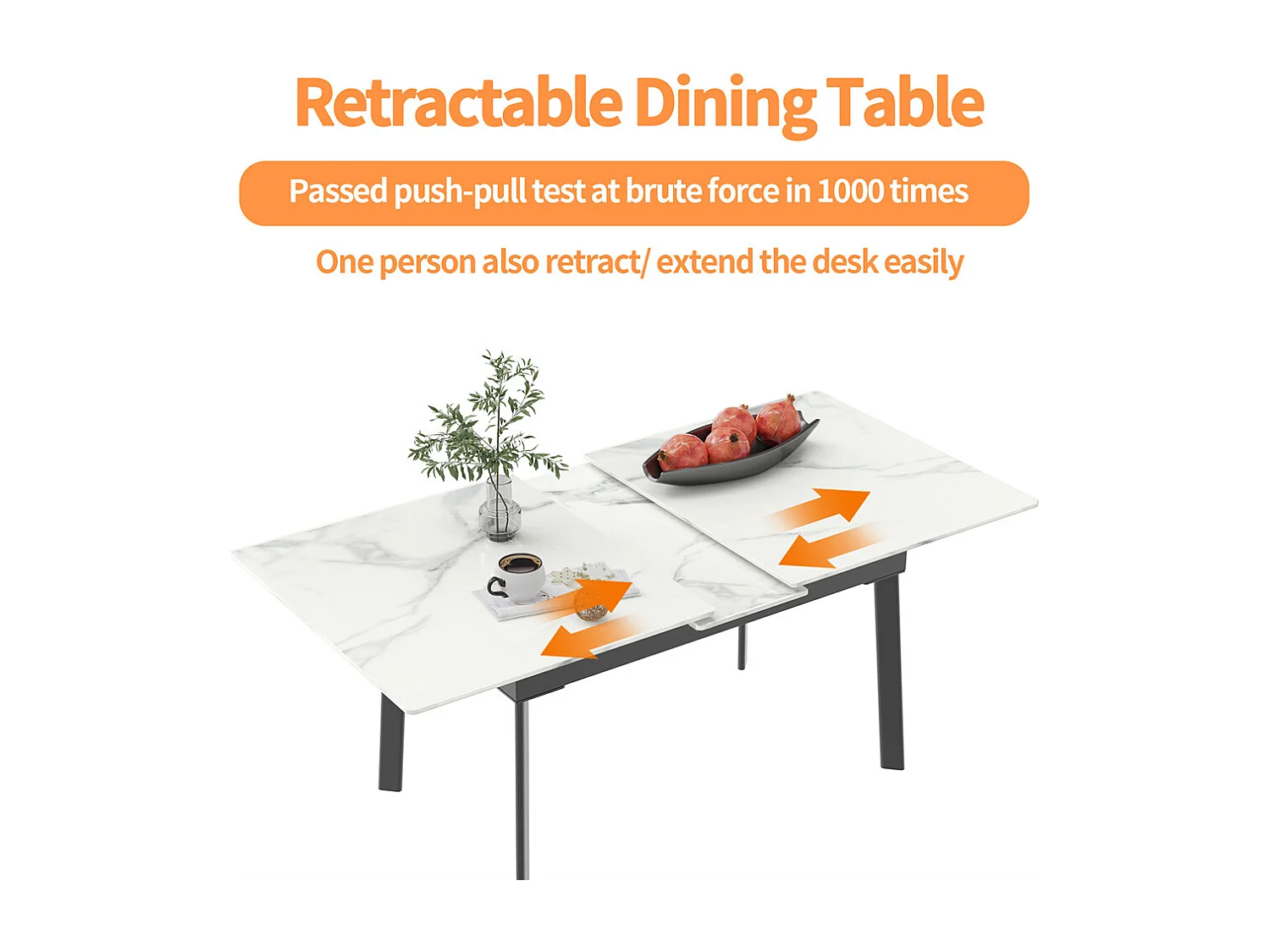 Table à manger extensible 4 à 8 couverts en pierre frittée  - Effet Marbre Blanc - 150-180cm