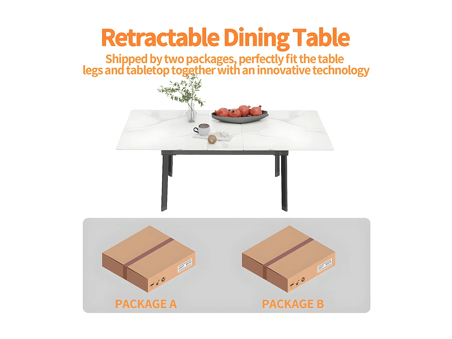 Table à manger extensible 4 à 8 couverts en pierre frittée  - Effet Marbre Blanc - 150-180cm