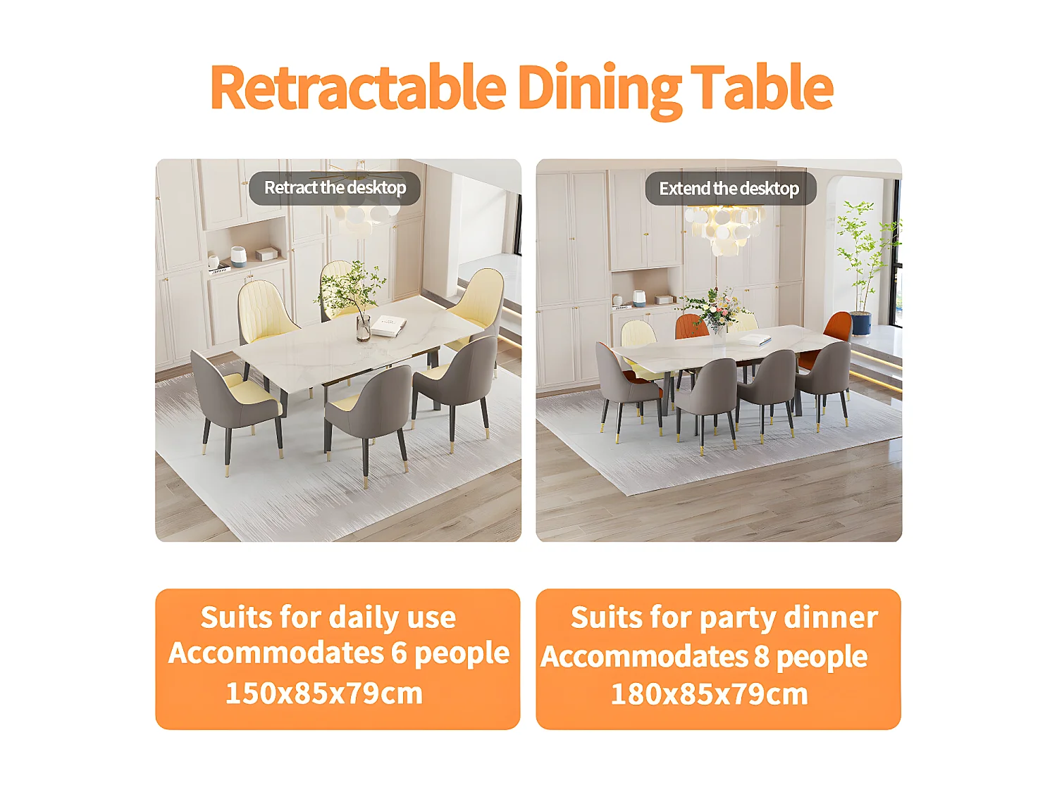 Table à manger extensible 4 à 8 couverts en pierre frittée  - Effet Marbre Blanc - 150-180cm