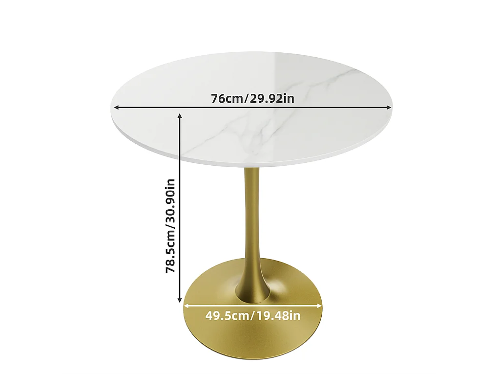 Esstisch rund, Tischplatte aus Sinterstein weiß, goldfarbener Fuß, 76 × 76 × 78.5 cm, 4 Sitzplätze