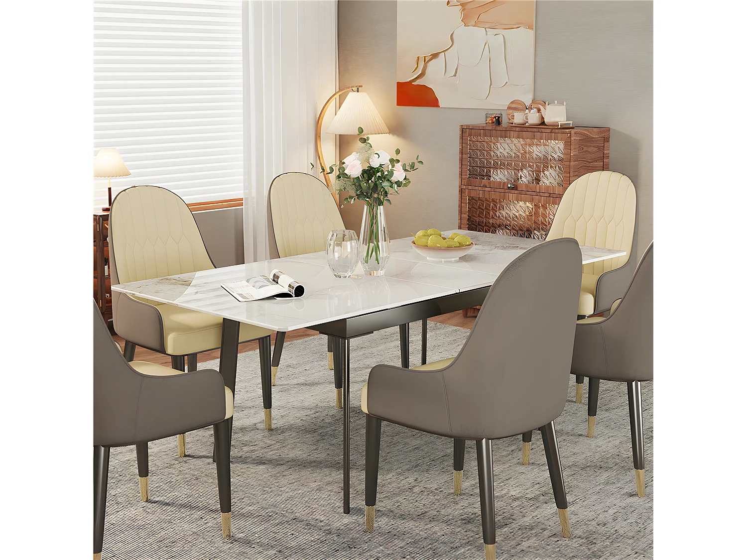 Table à manger extensible 4 à 8 couverts en pierre frittée  - Effet Marbre Blanc - 130-160cm