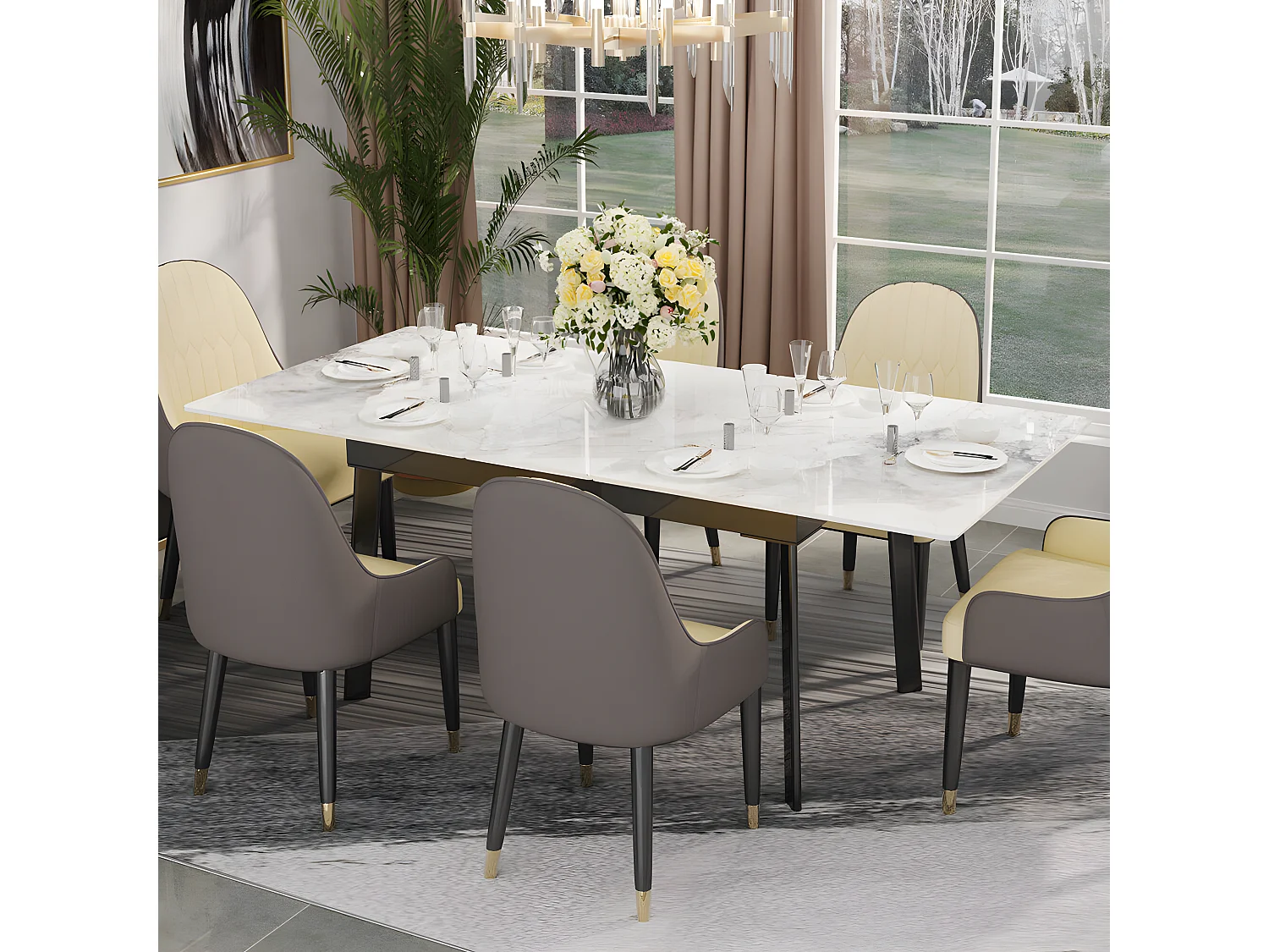 Table à manger extensible 4 à 8 couverts en pierre frittée  - Effet Marbre Blanc - 130-160cm