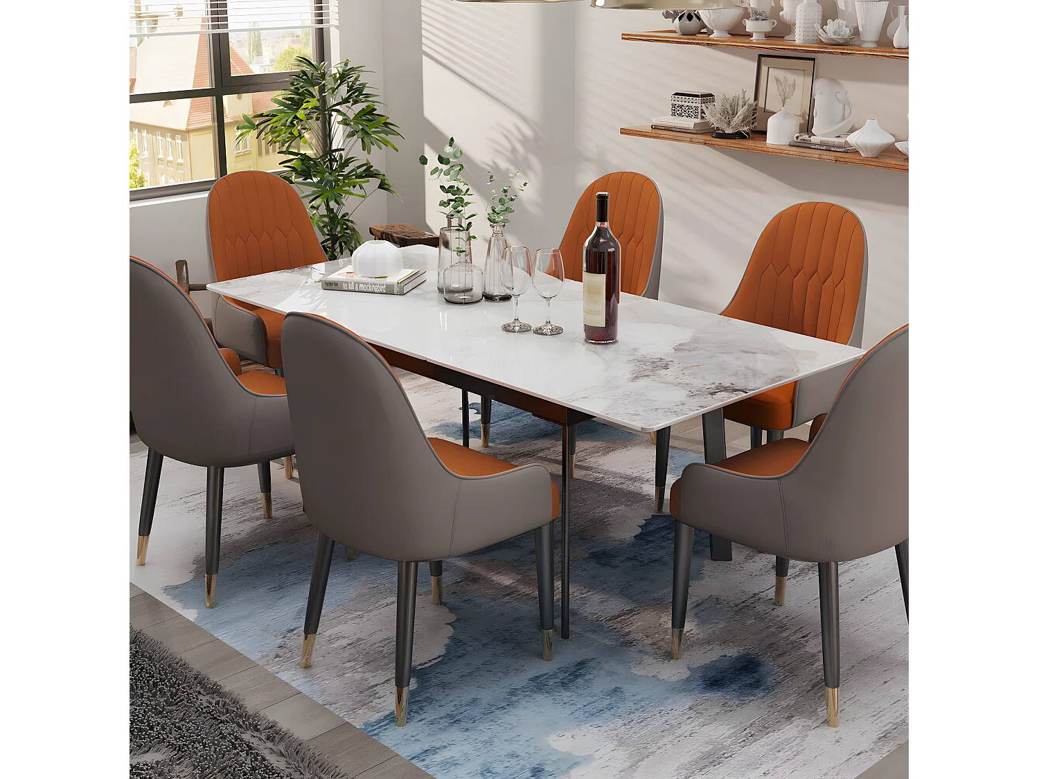 Table à manger extensible 4 à 8 couverts en pierre frittée  - Effet Marbre Blanc - 130-160cm