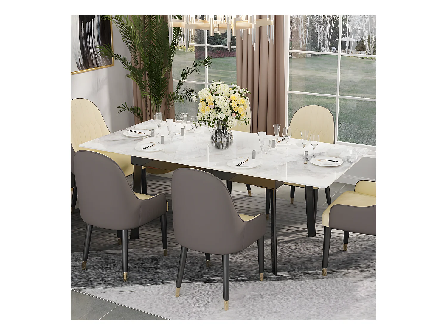 Uittrekbare eettafel voor 4 tot 8 personen in gesinterd steen - Witte marmer effect - 130-160cm