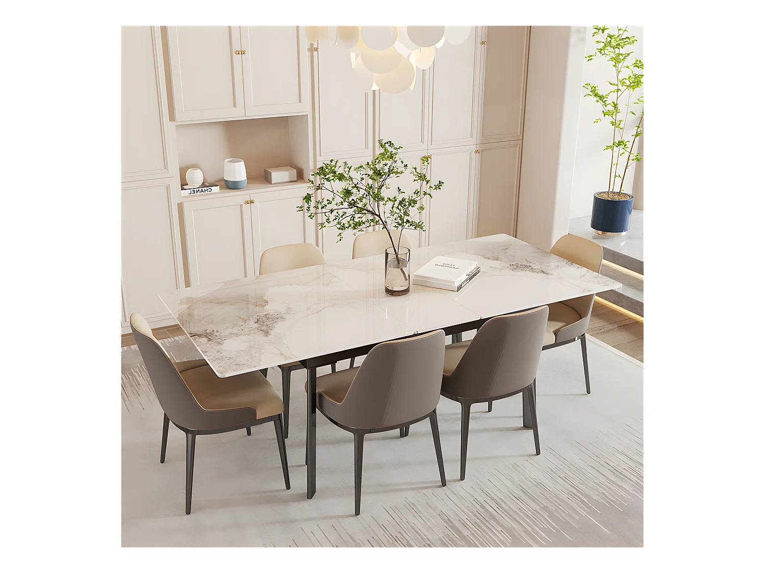 Uittrekbare eettafel voor 4 tot 8 personen in gesinterd steen - Witte marmer effect - 130-160cm