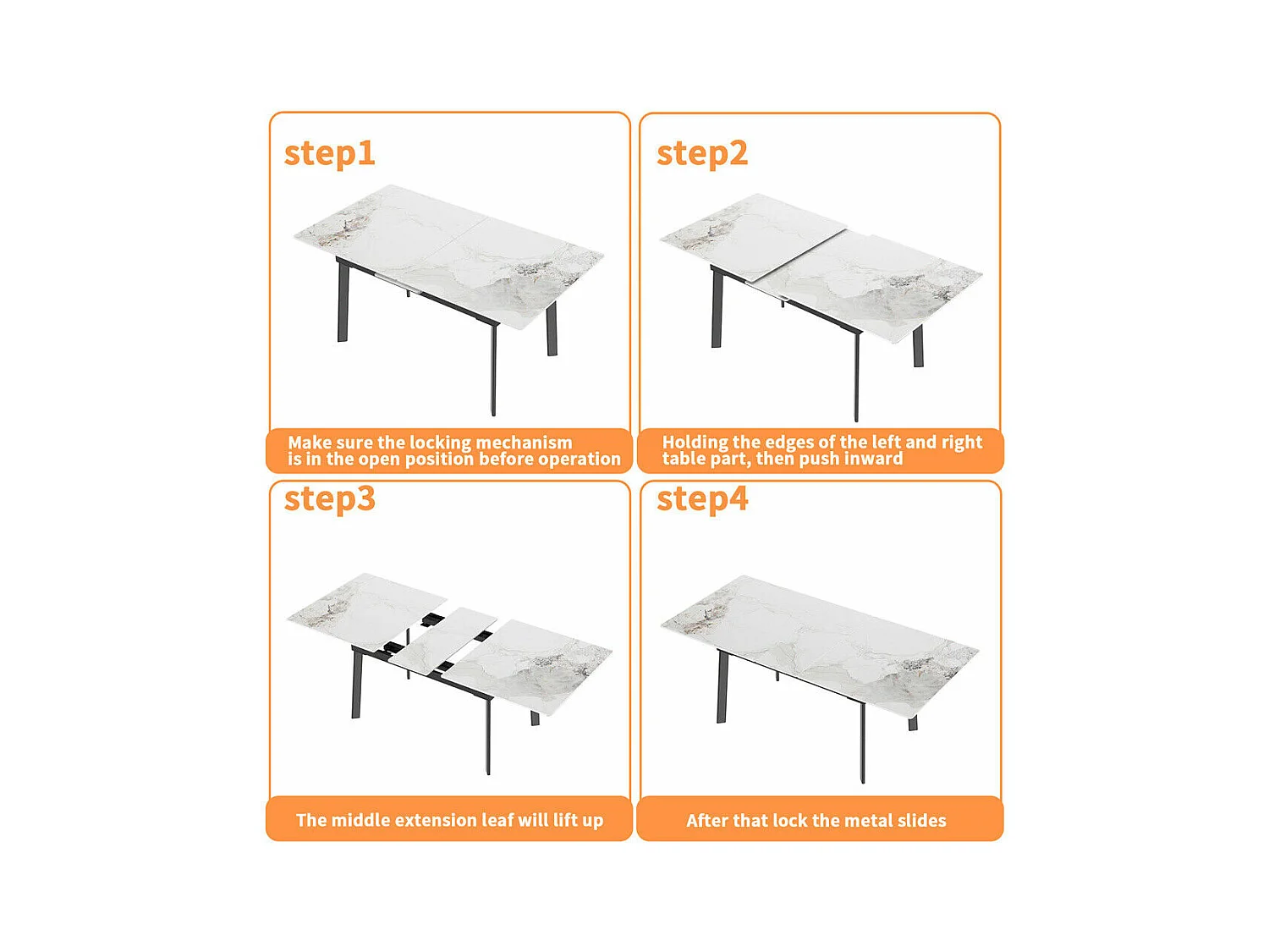 Uittrekbare eettafel voor 4 tot 8 personen in gesinterd steen - Witte marmer effect - 130-160cm