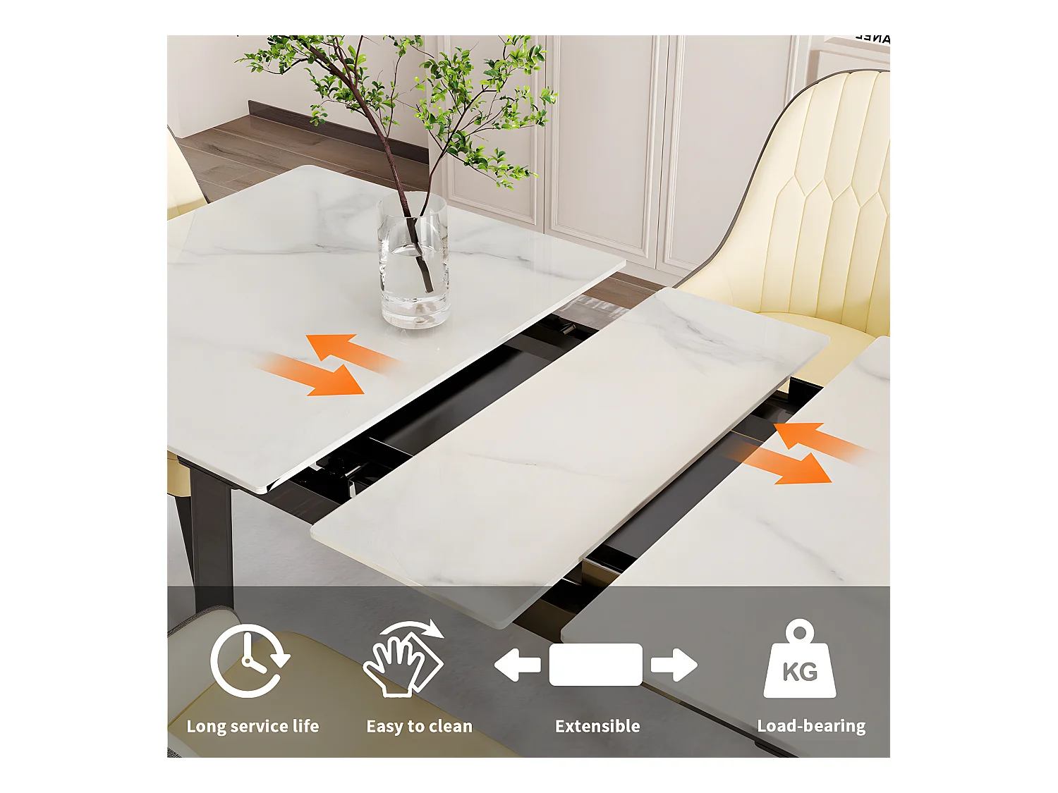 Uittrekbare eettafel voor 4 tot 8 personen in gesinterd steen - Witte marmer effect - 130-160cm