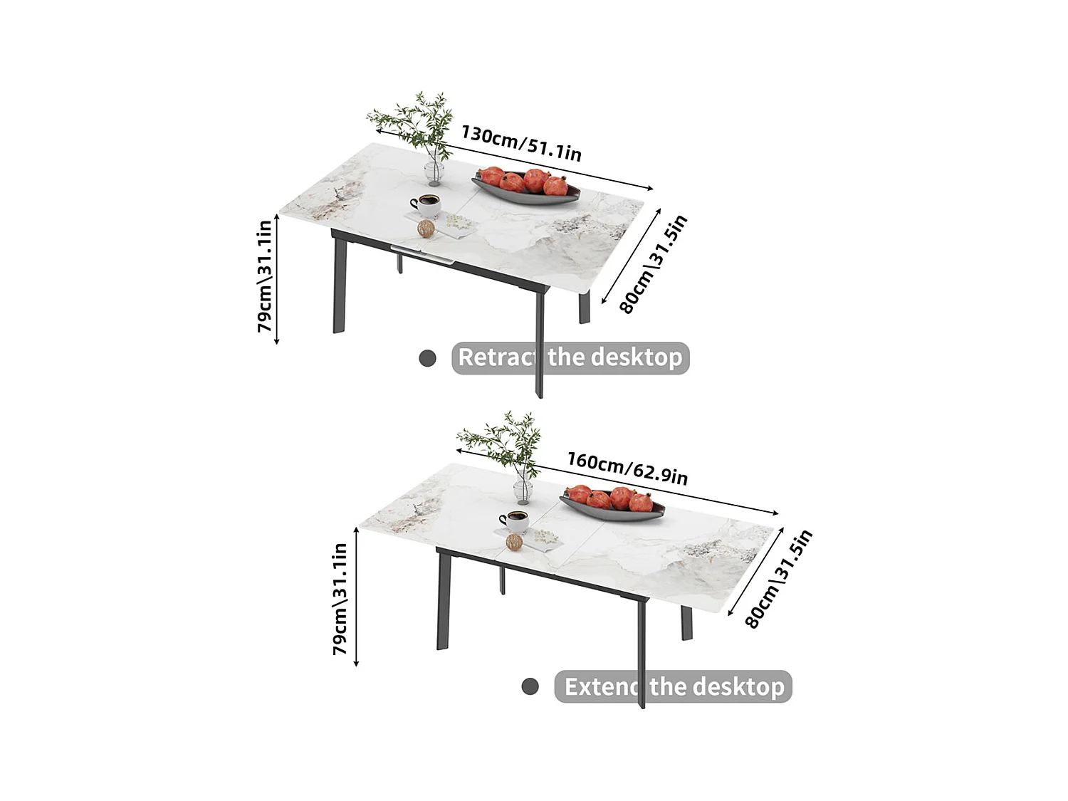 Uittrekbare eettafel voor 4 tot 8 personen in gesinterd steen - Witte marmer effect - 130-160cm
