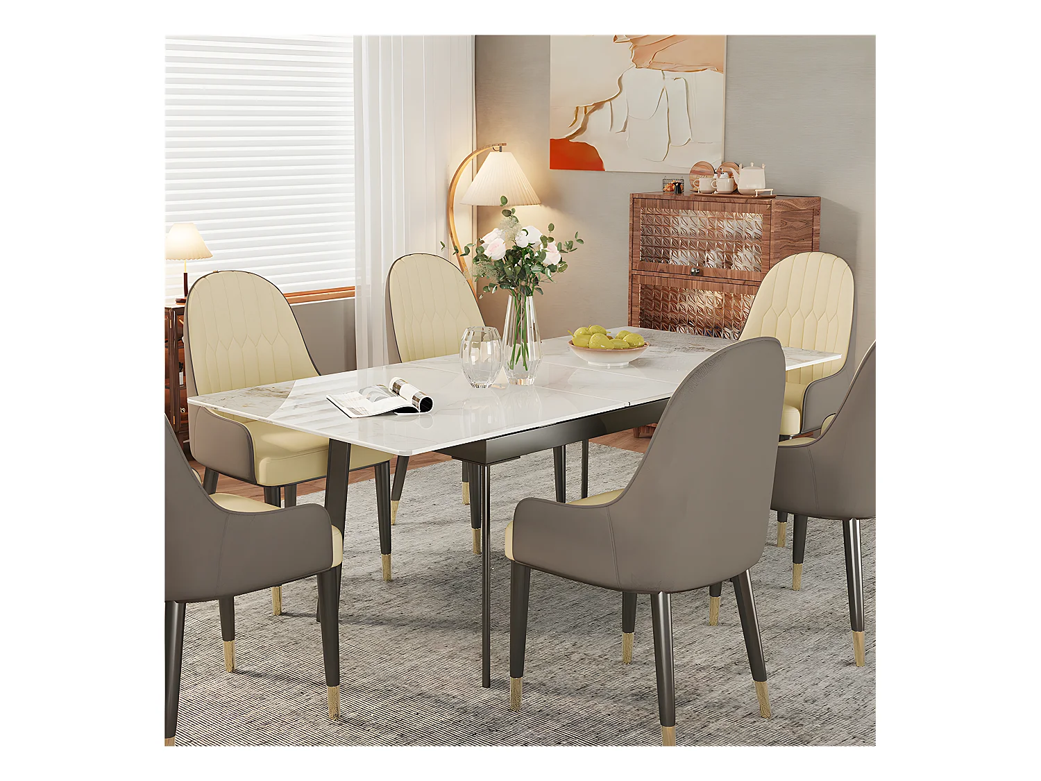 Uittrekbare eettafel voor 4 tot 8 personen in gesinterd steen - Witte marmer effect - 130-160cm