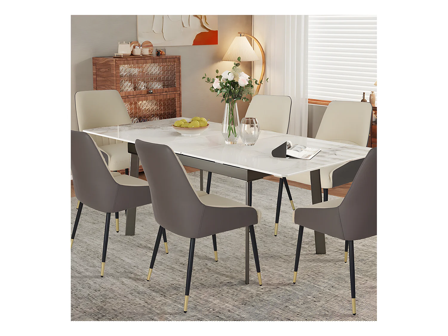 Uittrekbare eettafel voor 4 tot 8 personen in gesinterd steen - Witte marmer effect - 130-160cm