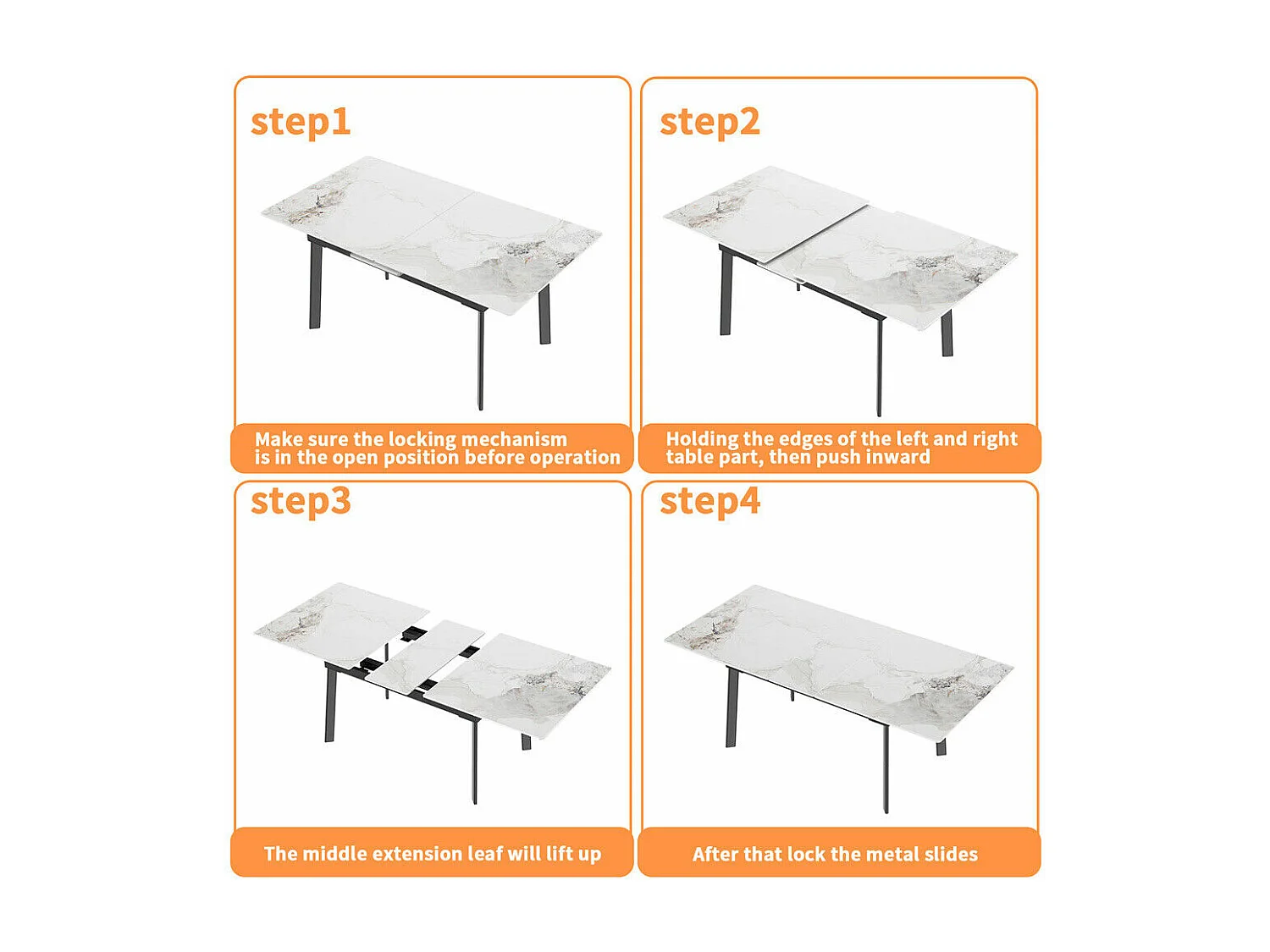 Uittrekbare eettafel voor 4 tot 8 personen in gesinterd steen - Witte marmer effect - 130-160cm