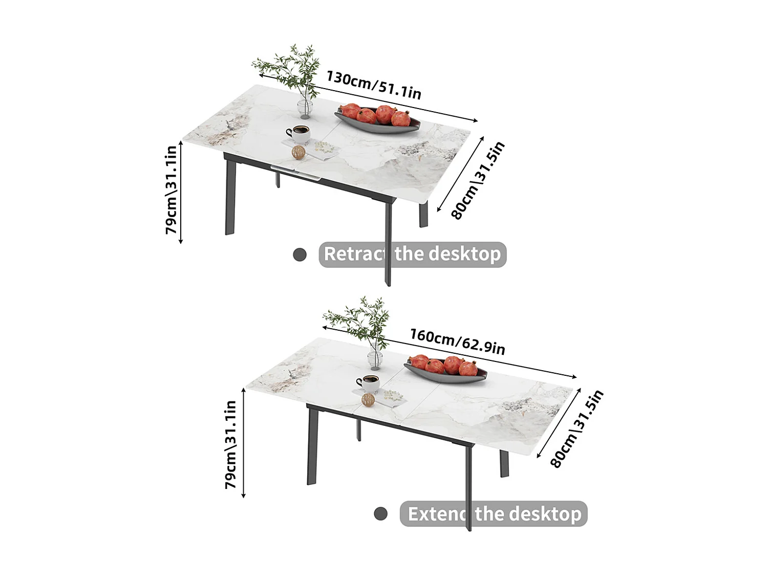 Tavolo da pranzo allungabile da 4 a 8 coperti in pietra sinterizzata - Effetto marmo bianco - 130-160cm
